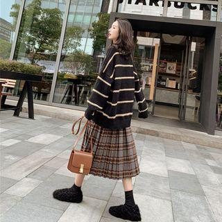 Long-sleeve Striped Knit Top + High-waist Plaid Pleated Skirt