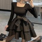 Long-sleeve Tie-waist Sashed Layered Mini A-line Dress