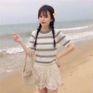 Short Sleeve Striped Top / Lace Shorts
