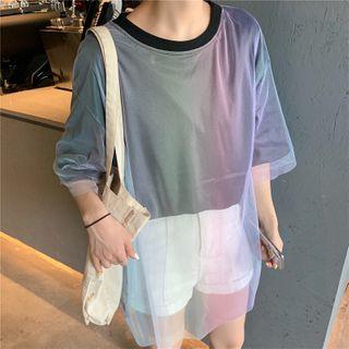 Mesh Panel Gradient Short Sleeve Top