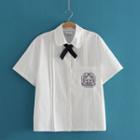 Bear Embroidered Collar Short Sleeve Shirt As Shown In Figure - One Size