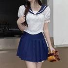 Set: Puff-sleeve Sailor Collar Blouse + Pleated A-line Skirt