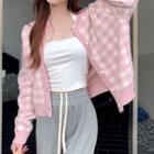 Round Neck Plaid Loose Fit Cardigan