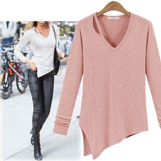 Cutout V-neck Asymmetric Long-sleeve T-shirt