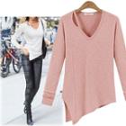 Cutout V-neck Asymmetric Long-sleeve T-shirt