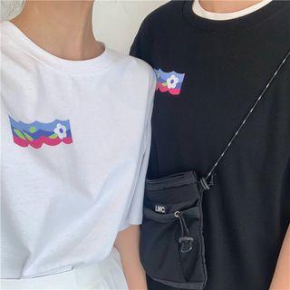 Couple Matching Flower Print Elbow-sleeve T-shirt / High-waist Pleated Skirt