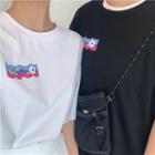Couple Matching Flower Print Elbow-sleeve T-shirt / High-waist Pleated Skirt