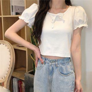 Puff-sleeve Tie Neck Plain Cropped Top