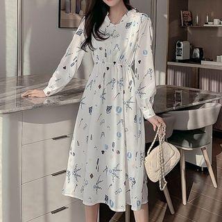 Long-sleeve All-over Print A-line Midi Dress