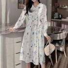 Long-sleeve All-over Print A-line Midi Dress