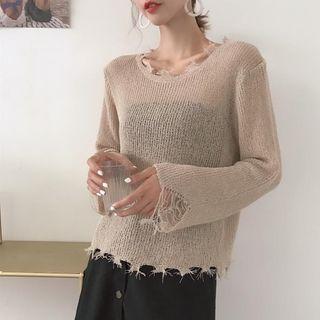 Asymmetric Distressed See-through Long-sleeve Knit Top