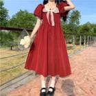 Puff-sleeve Square-neck Bow Midi A-line Dress