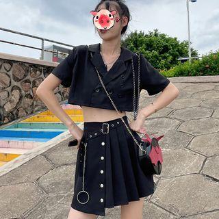 Short-sleeve Cropped Blouse / Pleated Mini A-line Skirt / Set