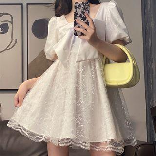 Puff-sleeve Bow Accent Lace Panel Mini Smock Dress
