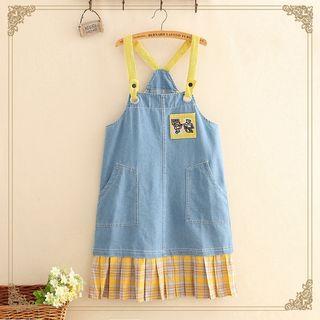 Embroidered Pocket Plaid Trim Jumper Dress As Shown In Figure - One Size