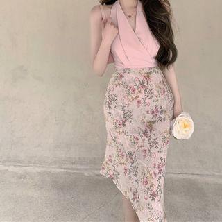 V-neck Halter Top / Asymmetrical Flower Print Skirt