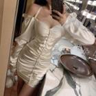 Square-neck Long-sleeve Sheath Dress White - One Size