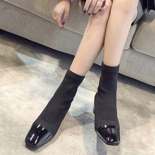Block Heel Knit Panel Short Boots