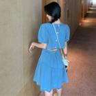 Puff-sleeve Buttoned Cutout Denim A-line Mini Dress Blue - One Size