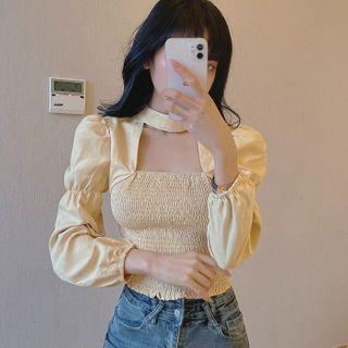 Long-sleeve Shirred Square-neck Top