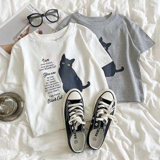 Short-sleeve Cat Print Cropped Top