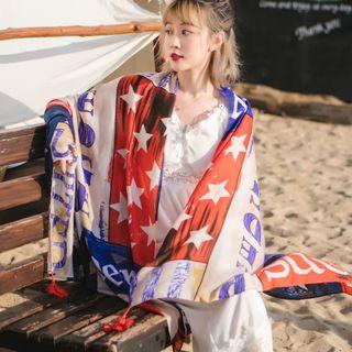Star & Lettering Linen Cotton Shawl As Shown In Figure - 180cm X 95cm