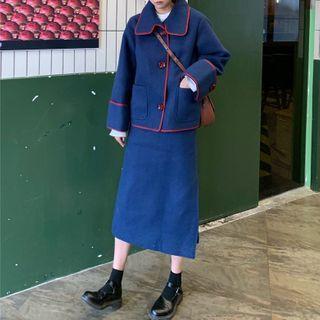 Contrast Trim Button Coat / Midi A-line Skirt