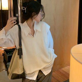 Plain Shirt / V-neck Sweater Vest / Wide-leg Pants