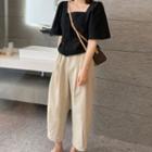 Set: Short-sleeve Square-neck Plain Single-breasted Top + High-waist Plain Wide-leg Pants