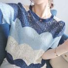 Short-sleeve Color Block Knit Top Blue & Beige - One Size