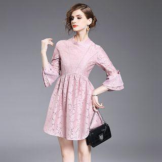 Bell-sleeve Bow Stand Collar Crewneck A-line Plain Lace Sheath Dress