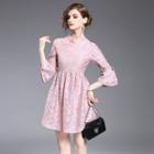 Bell-sleeve Bow Stand Collar Crewneck A-line Plain Lace Sheath Dress