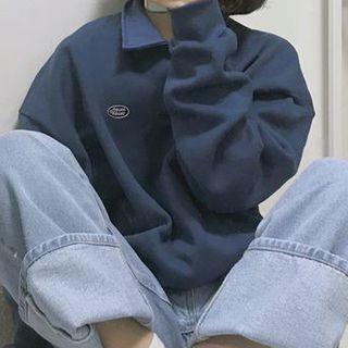 Applique Oversize Polo-collar Pullover