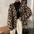 Leopard Print Fleece Jacket Leopard - Beige - One Size