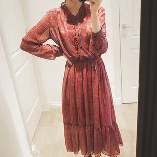 Frill-trim Gathered-waist Pattern Chiffon Long Dress