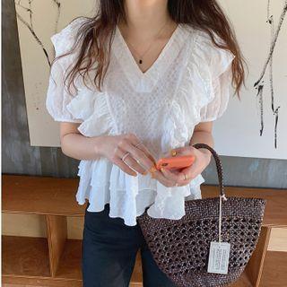 V-neck Ruffle-trim Layered Puff-sleeve Top White - One Size