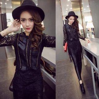 Fringe Hem Faux Leather Panel Lace Tunic