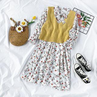 Floral Tie-waist Midi A-line Dress / Cable-knit Vest