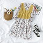 Floral Tie-waist Midi A-line Dress / Cable-knit Vest