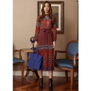 Cutout Pleated Patterned Maxi Chiffon Dress