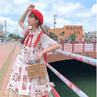 Sleeveless Print A-line Dress / Elbow-sleeve Top