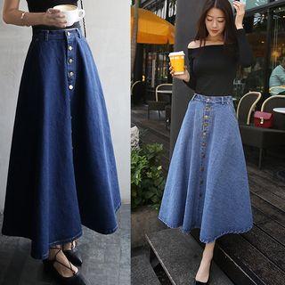 Single-breasted Denim A-line Maxi Skirt