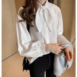 Tie-neck Long-sleeve Plain Shirt