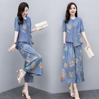 Set Short-sleeve Floral Print Denim Shirt + Wide Leg Pants
