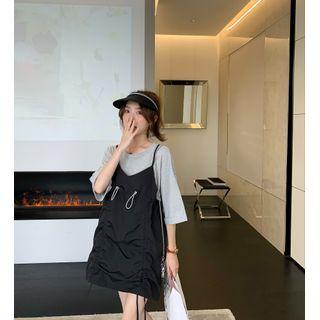 Set: Elbow-sleeve Plain T-shirt + Drawstring Mini Overall Dress T-shirt - Gray - One Size / Dress - Black - One Size