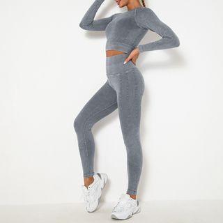 Set: Plain Long Sleeve Sports Top + Yoga Pants