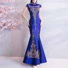 Embroidered Stand-collar Evening Dress