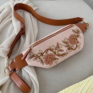 Flower Embroidered Faux Leather Belt Bag