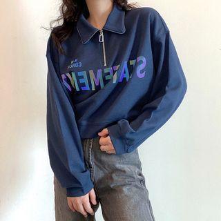 Lettering Half-zip Cropped Sweatshirt Dark Blue - One Size