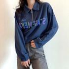 Lettering Half-zip Cropped Sweatshirt Dark Blue - One Size